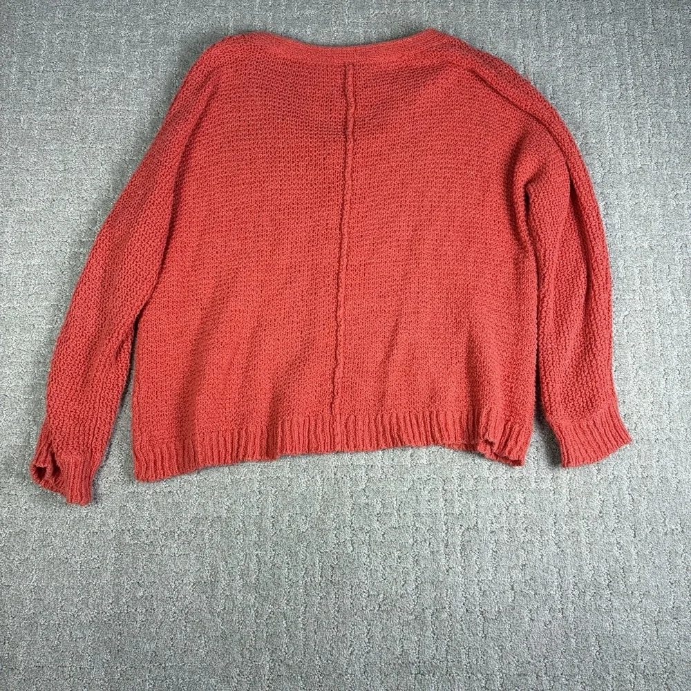 Free People Sweater Womens Open Weave Knit V-Neck Slubby Coral Orange Pullover S